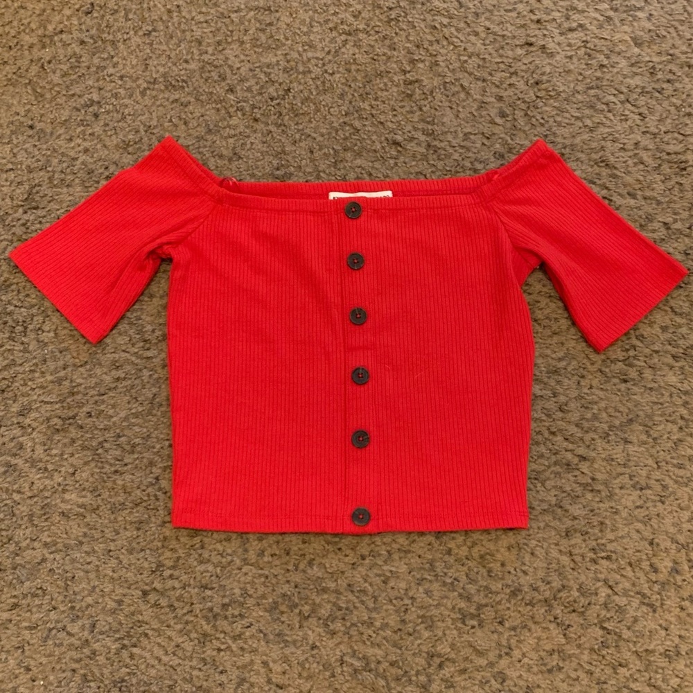 Express red off the shoulder faux button front rib top